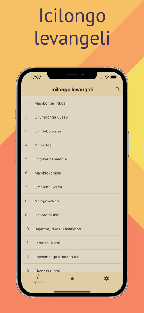 Icilongo levangeli - A smartphone screen displaying a numbered list of Zulu hymns in the Icilongo levangeli app