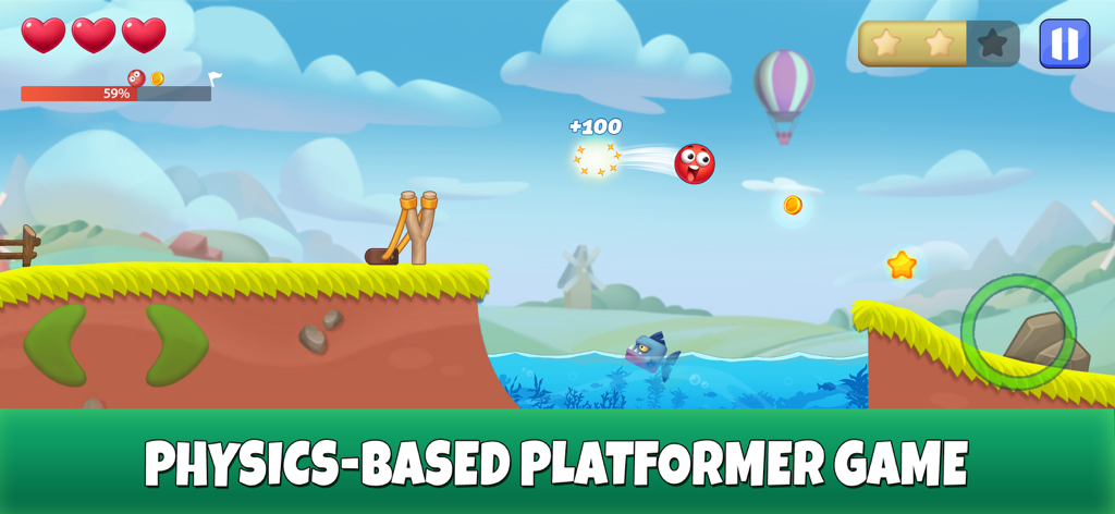 Red Ball: Secret Adventure - Personagem Red Ball pulando sobre obstáculos e água em um nível de jogo de plataforma baseado em física.