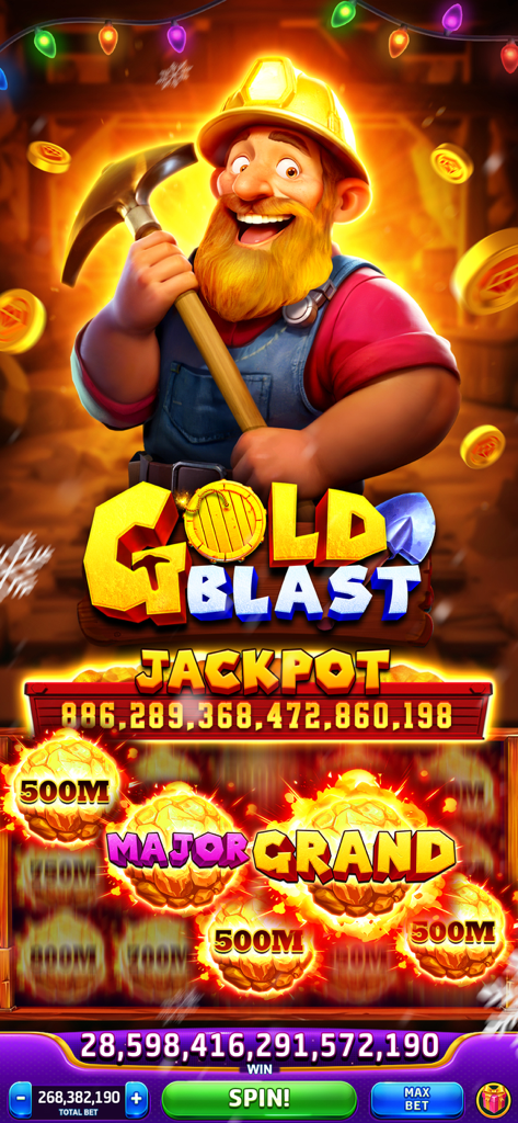 Un minatore sorridente festeggia un'enorme vincita di jackpot nella slot machine Gold Blast di Grand Cash Slots.