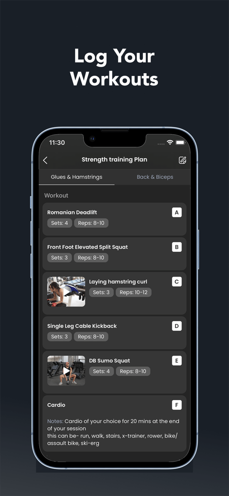 J3U Coaching - Smartphone displaying the J3U Coaching app interface for logging a glutes and hamstrings strength training workout.