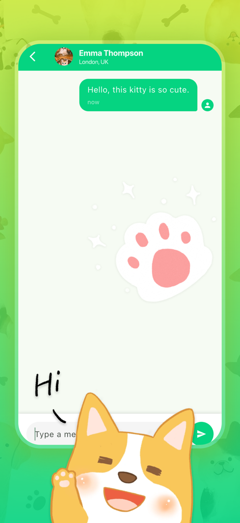 Écran de discussion privée dans l'application Jexhor avec une illustration de chien mignon et un message concernant un chaton.