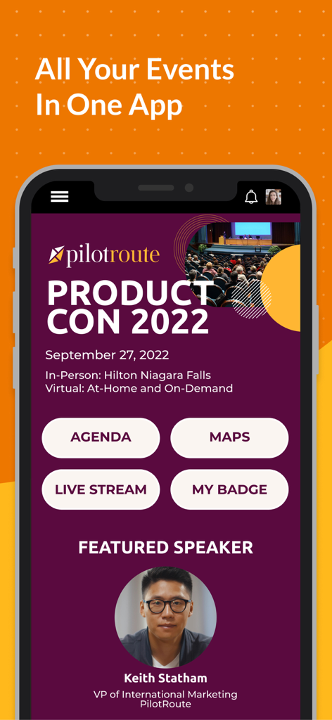 Event App by EventMobi - Event App by EventMobi home screen displaying Product Con 2022 event details including agenda and speaker information