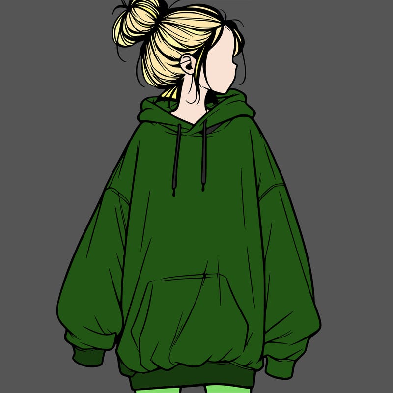 realistic girl with a oversized sweatshirt on and a bun