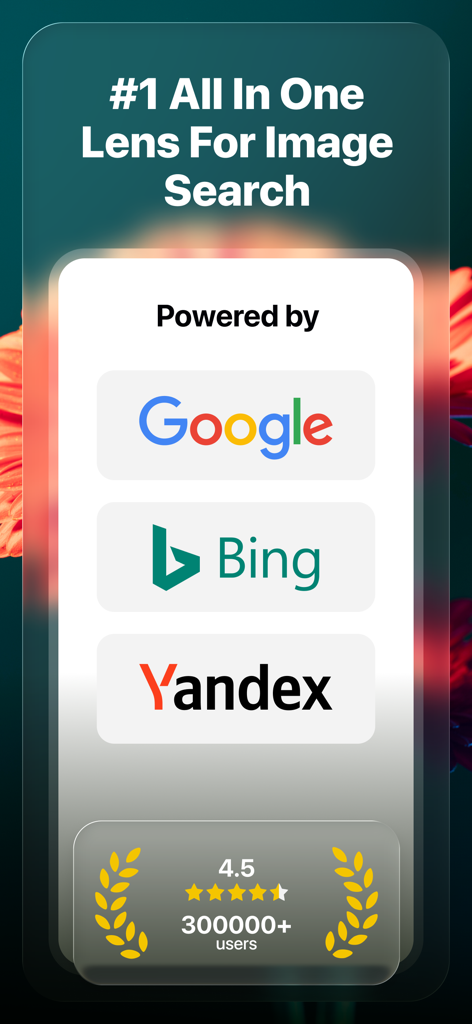Lens | Reverse Image Search - Screenshot dell'app Lens che mostra la ricerca per immagine potenziata da Google Bing e Yandex con una valutazione di 4,5 stelle da oltre 300.000 utenti