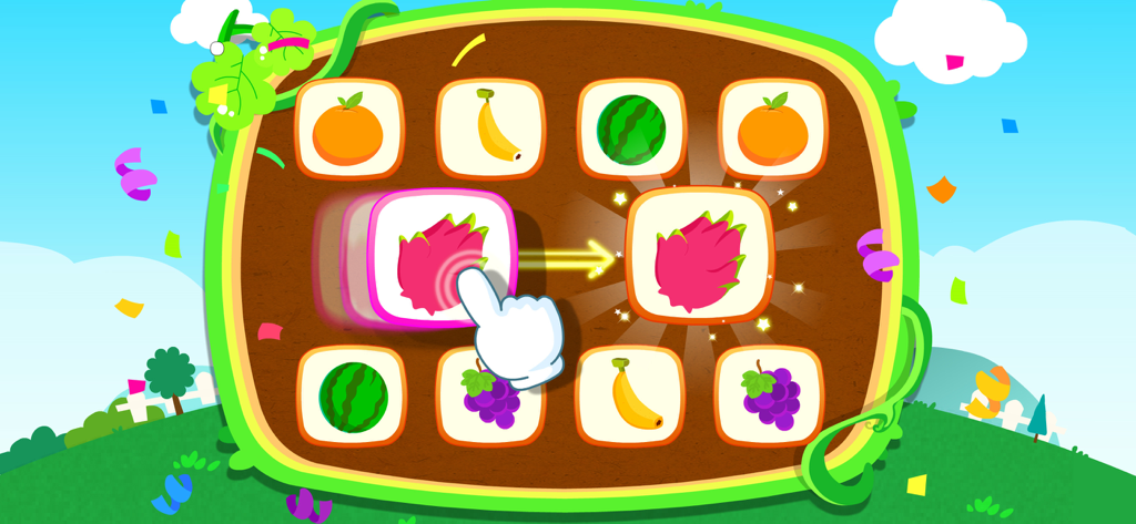 Panda  Learns about Fruit - A colorful fruit matching game interface for toddlers with various fruit icons like dragon fruit and bananas.