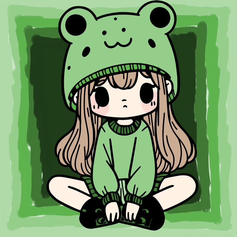 a girl wearing a frog hat and some frog socks