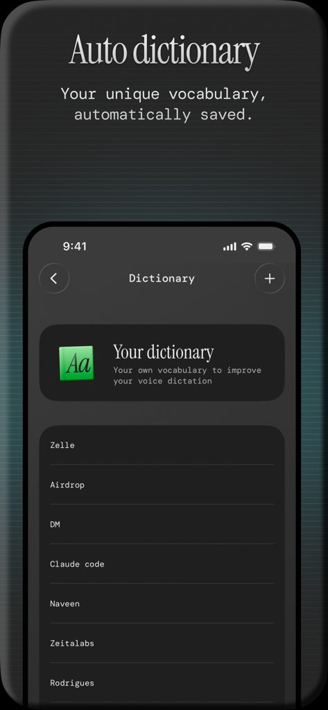 Monologue: Smart Dictation - Interface of the Monologue app showing the auto dictionary feature for saving custom vocabulary such as technical terms and names.