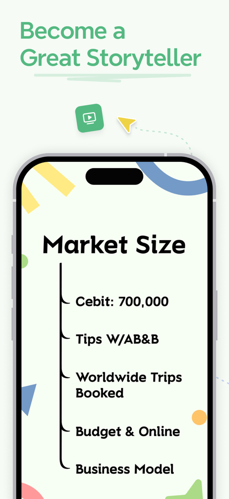 Interfaz de la aplicación móvil Xmind mostrando una diapositiva de presentación narrativa sobre el tamaño del mercado.