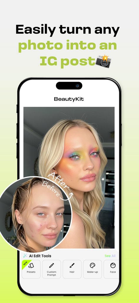 AI Effects & Filters - Bloom - Bloom app interface showing a before and after comparison of AI makeup application and skin retouching for an Instagram post