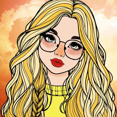 girl with long hair and freckles and glasses realistic