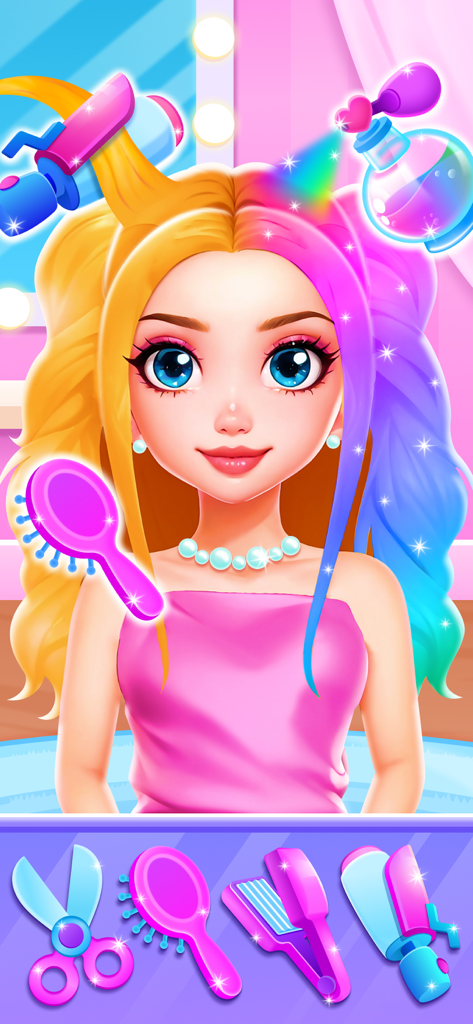 Beauty Salon Games for Girls - Mädchen-Charakter mit bunten Haaren und Styling-Werkzeugen in der Beauty Salon Games for Girls App