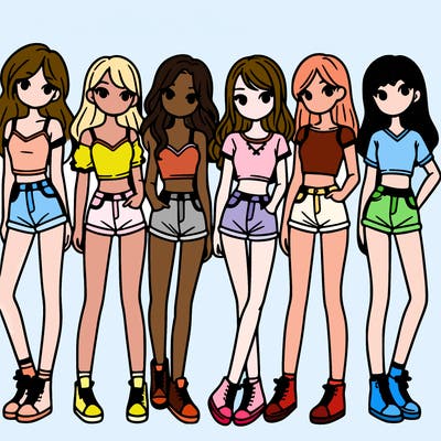 a group of girls wearing crop tops and shorts