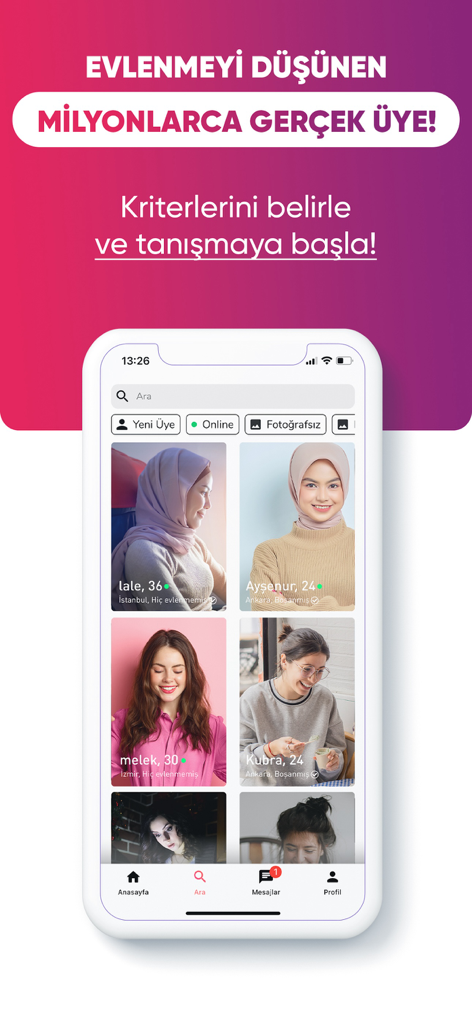 User interface of the Gonulden Sevenler Evlilik app showing profiles for Turkish marriage seekers