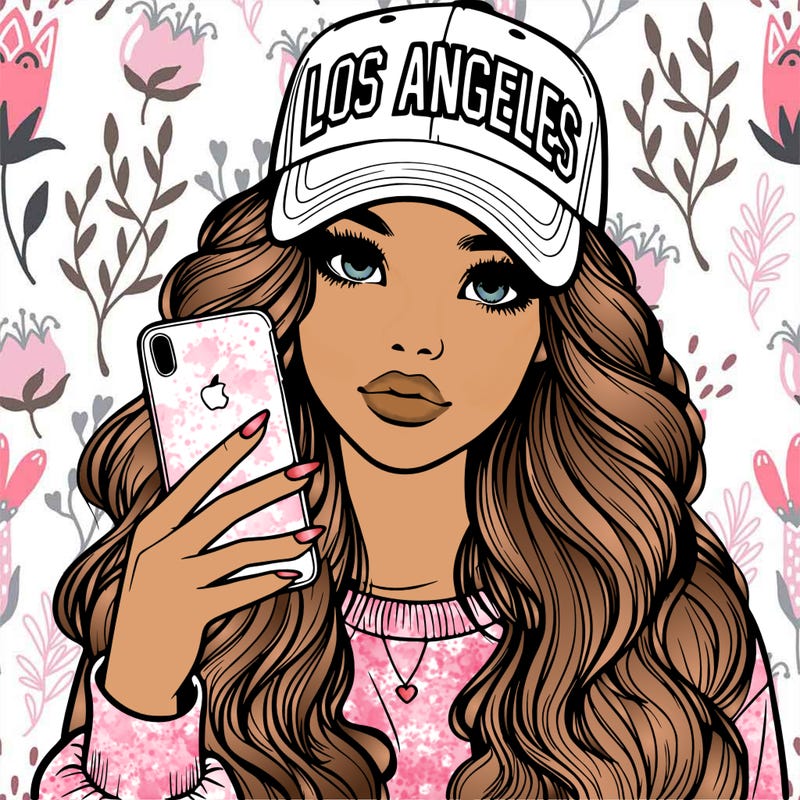 realistic beautiful girl wearing los ángeles cap holding an iphone