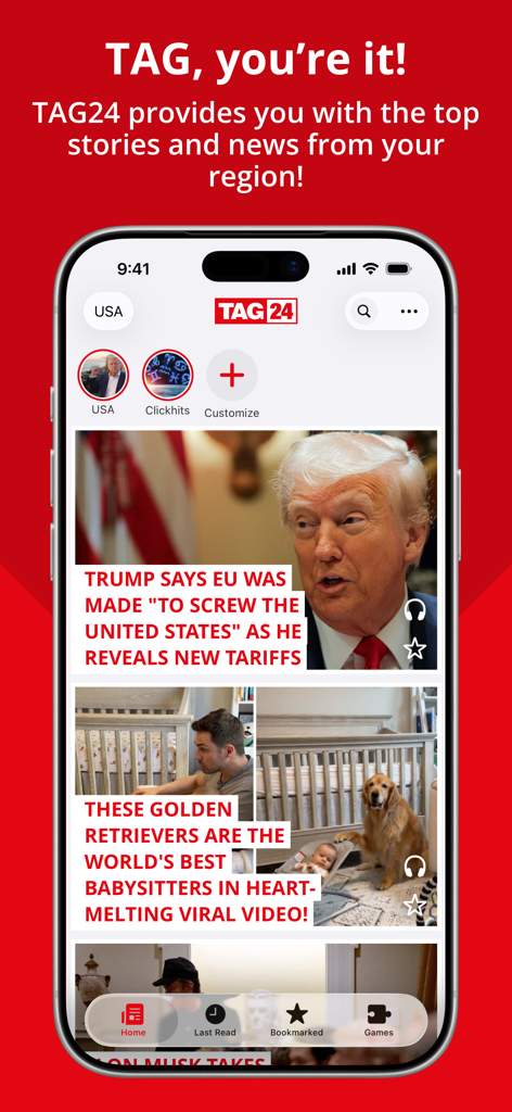 TAG24 NEWS - A mobile screenshot of the TAG24 NEWS app home screen displaying a news feed with trending topics and navigation icons