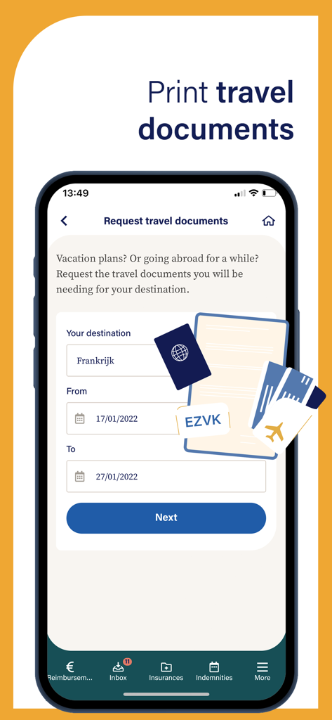 Mobile interface of My Helan app showing a form to request travel insurance documents.