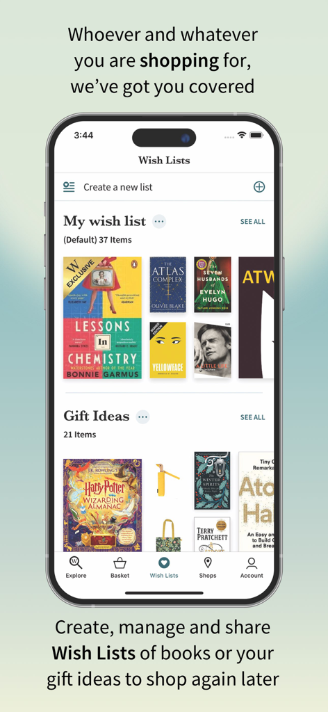 Bildschirm der mobilen Waterstones-App, der personalisierte Buchwunschlisten und kuratierte Geschenkideen zeigt