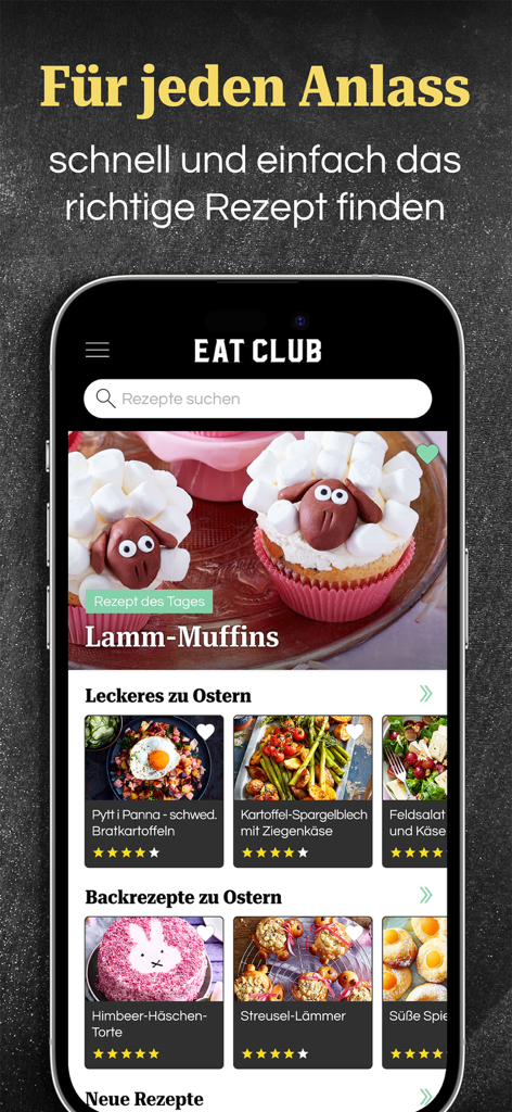 EAT CLUB – Rezepte & Kochen - Eat Club Mobile App Startbildschirm mit kuratierten Koch- und Backrezepten