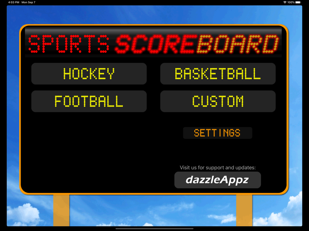 JD Sports Scoreboard - JD Sports Scoreboard main menu showing options for hockey basketball and football