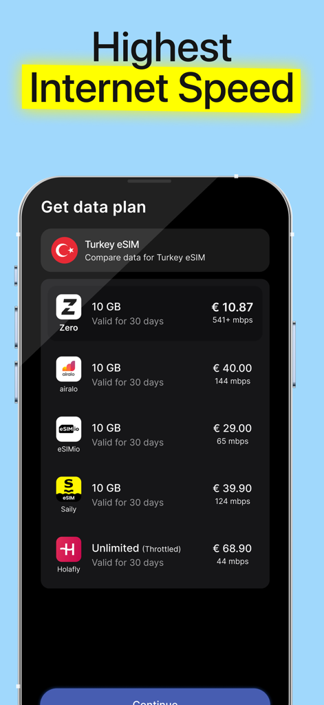 ZERO eSIM app interface comparing data plan prices and internet speeds with competitors for Turkey