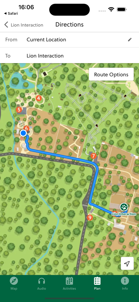 カセラアプリのインタラクティブマップ。ライオンとの触れ合いアクティビティへの道順とウォーキングルートが表示されています。