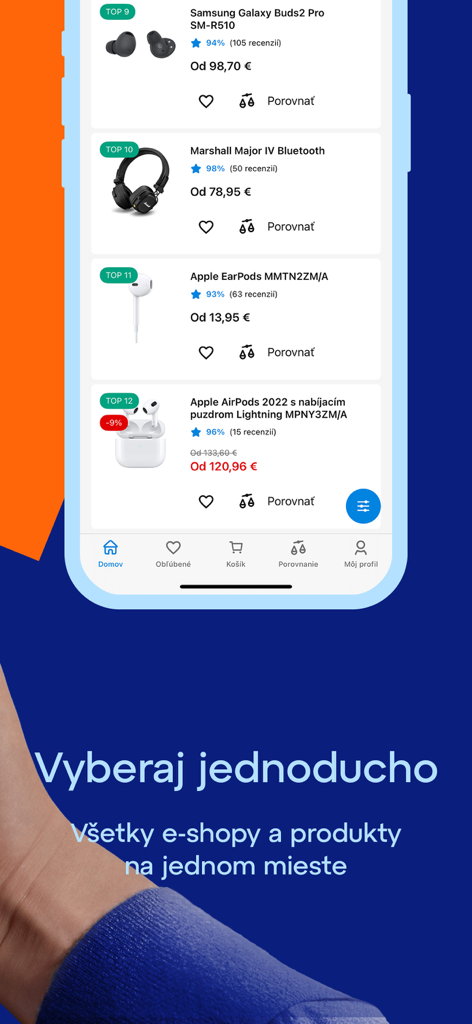 Interface de l'application mobile Heureka affichant une liste d'appareils électroniques populaires comme des écouteurs avec des comparaisons de prix et des évaluations d'utilisateurs