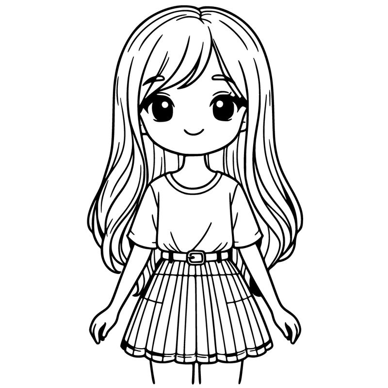 a girl wearing a shirt and skirt, with long hair