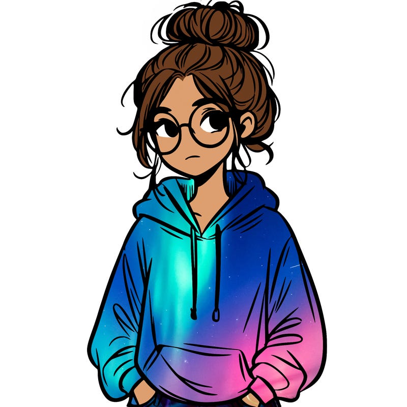 teen girl with a messy bun and glasses wearing a loose hoodie and jeans