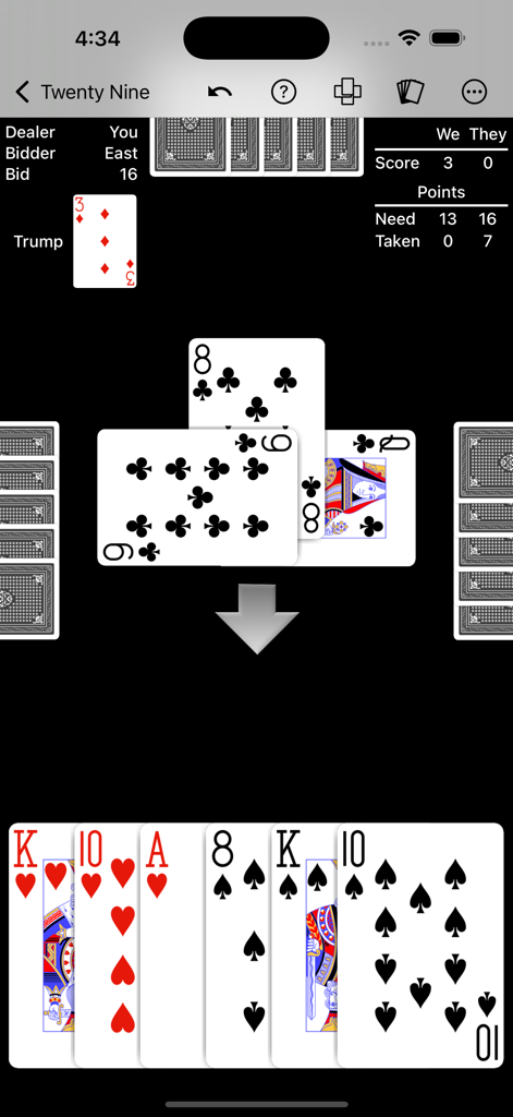 Captura de pantalla del juego de 29 Card Game mostrando una mano de cartas y una baza en curso sobre un fondo oscuro