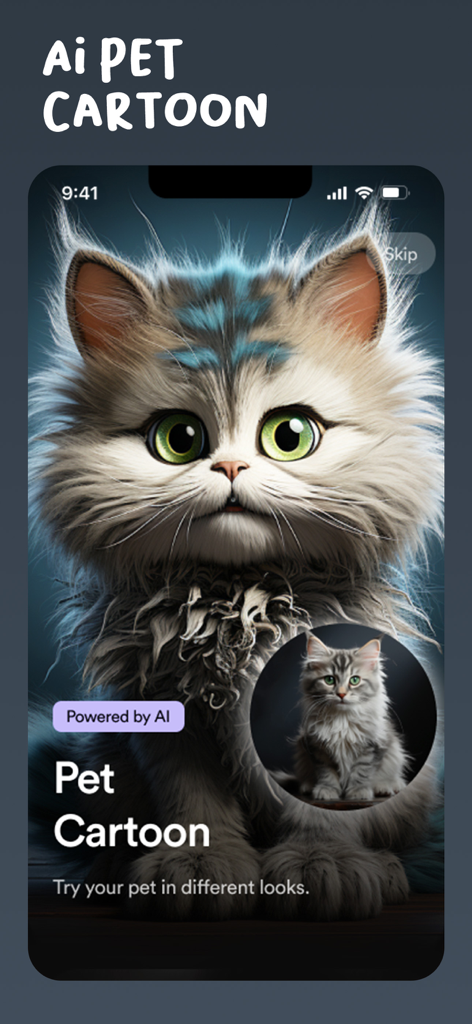 AI Cartoon Generator App - AI cartoon effect applied to a fluffy grey cat photo