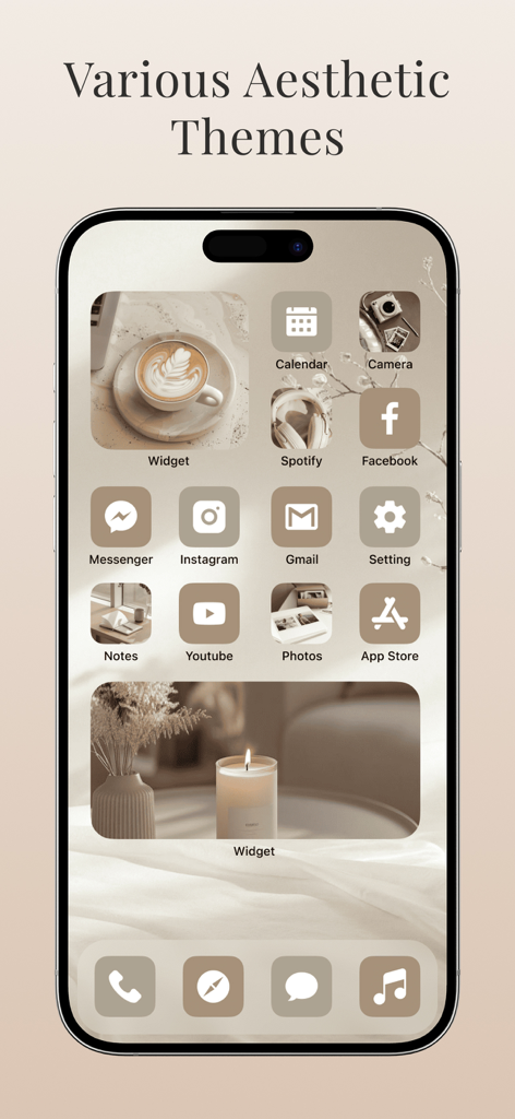 Wallpapers, Widget & Theme App - iPhone home screen featuring a cohesive beige aesthetic theme with custom minimalist icons and decorative coffee and candle widgets.