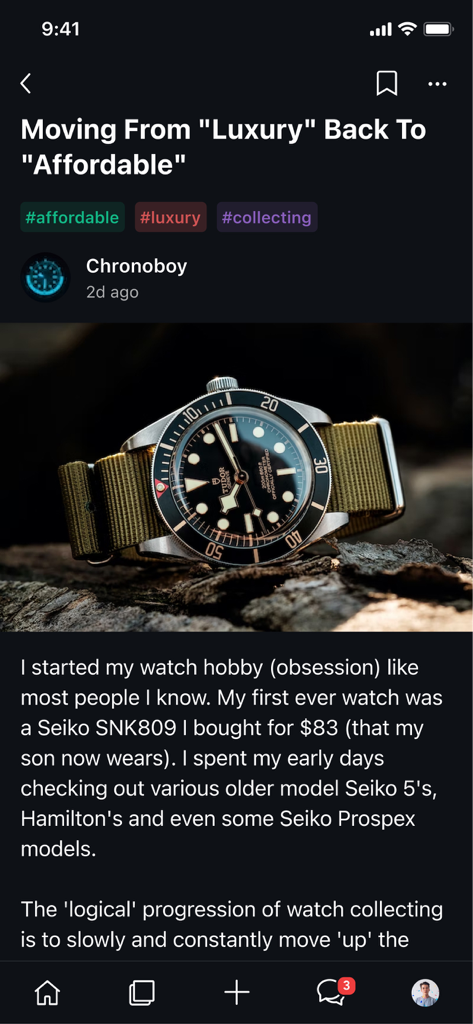 WatchCrunch Official - A screenshot of a WatchCrunch app post featuring a Tudor watch on a green strap.