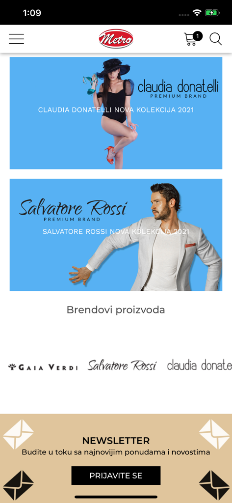 Home screen of the Obuca Metro app displaying premium footwear brands Claudia Donatelli and Salvatore Rossi