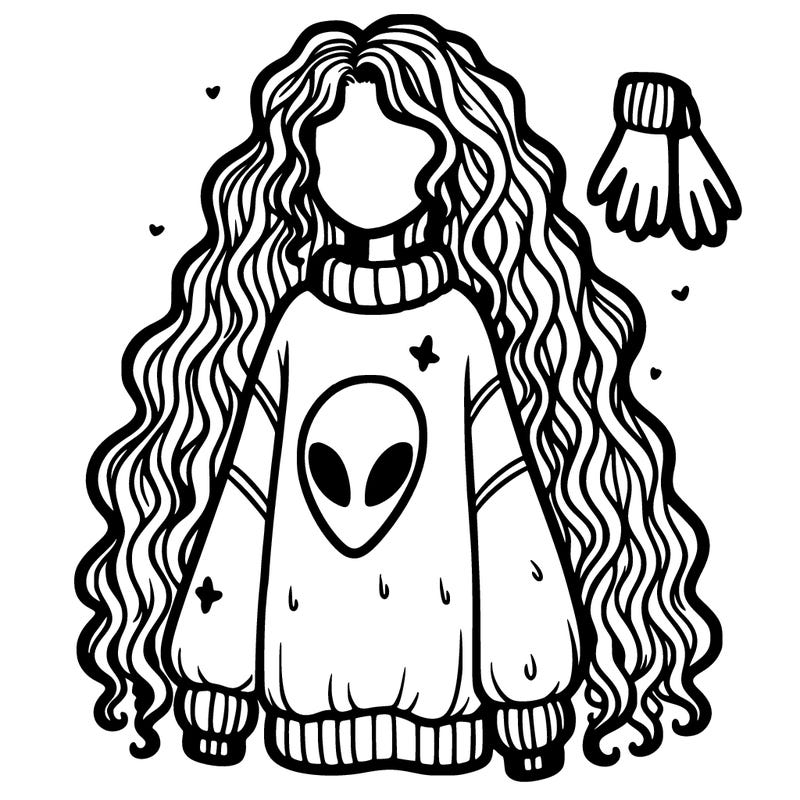 long curly hair, baggy sweater, gloves, alien on sweater