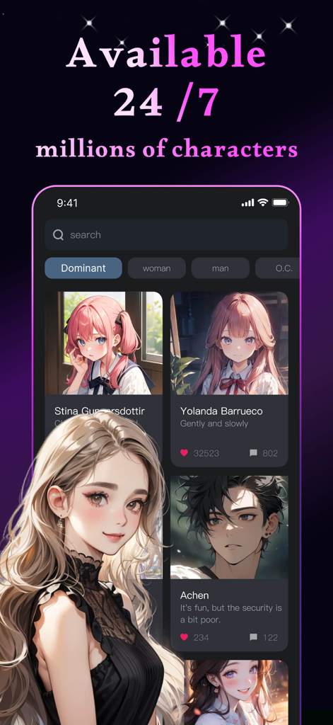 Interfaz de la aplicación móvil J.AI mostrando una variedad de personajes de IA estilo anime para chatear y jugar roles