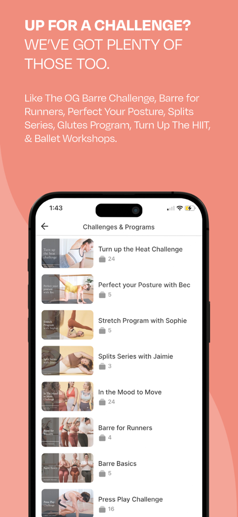 Barre Body Online app interface showing a variety of fitness challenges and instructor led workout programs.