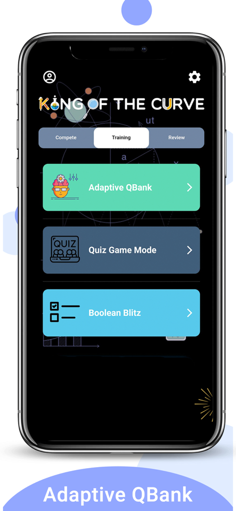 Écran d'accueil de l'application DAT Roi de la courbe montrant les modes d'entraînement comme QBank adaptatif et Jeu de quiz