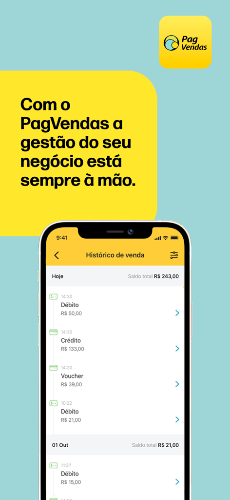 PagVendas NF-e, Vendas, Gestão - Interface de l'application mobile PagVendas affichant un historique des ventes avec les détails des transactions pour une entreprise.