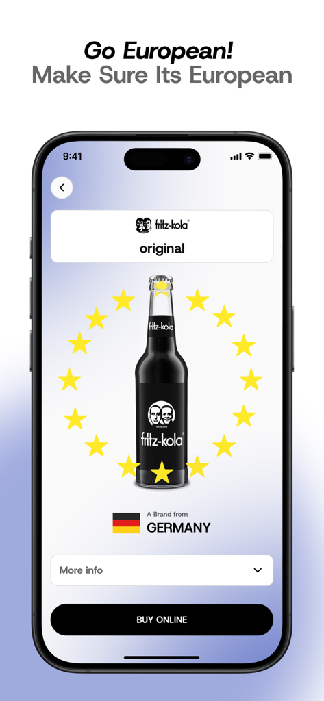 BrandSnap - Go European - BrandSnap app interface showing fritz-kola as a verified brand from Germany with a buy online option