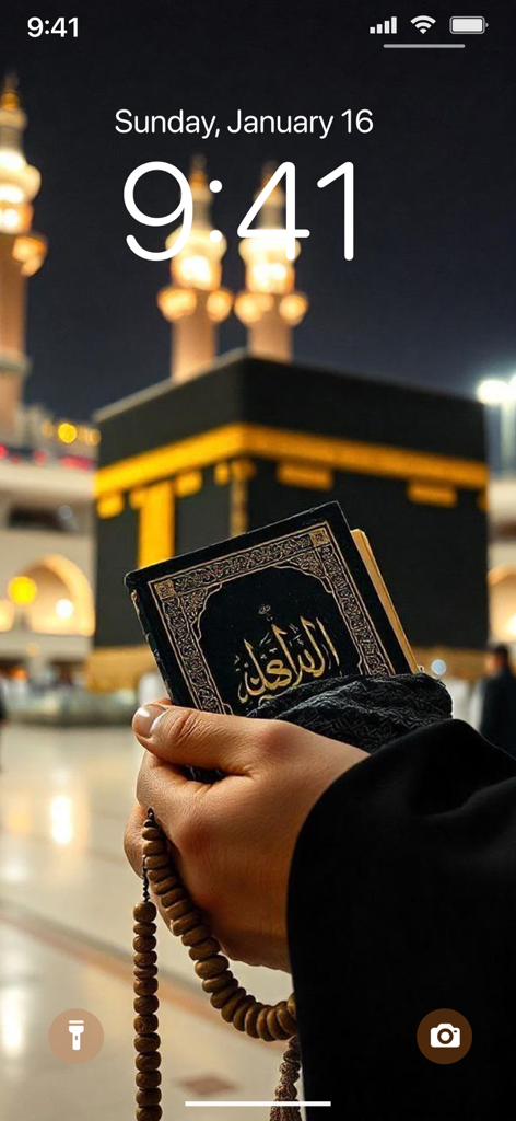Islamic wallpaper 4K - iPhone lock screen with Islamic wallpaper showing a hand holding a Quran and prayer beads at the Kaaba