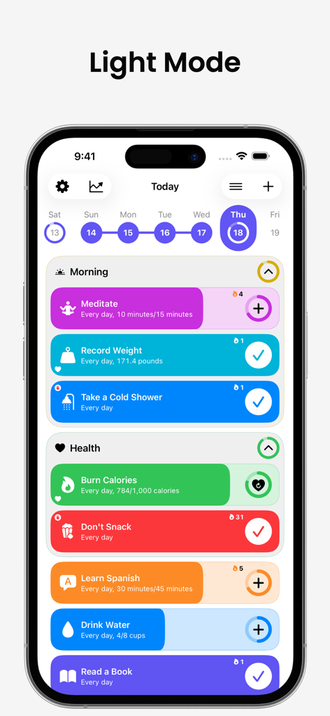 Grit: Daily Habit Tracker - Interfaccia dell'app Grit habit tracker in modalità chiara che mostra varie abitudini giornaliere e indicatori di progresso