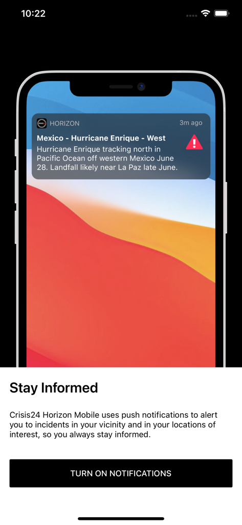 Crisis24 Horizon Mobile - Push notification alert for Hurricane Enrique on Crisis24 Horizon Mobile app