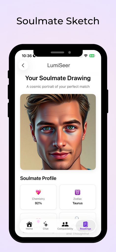 LumiSeer: Tarot & Astrology - LumiSeer app screen displaying an AI generated soulmate sketch and zodiac profile.
