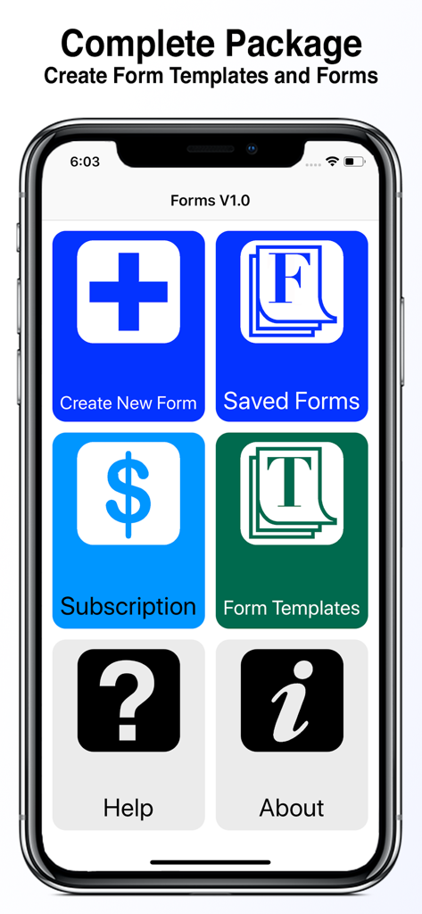 Interface principal do aplicativo Forms mostrando opções para criar novos formulários, acessar formulários salvos e navegar por modelos.