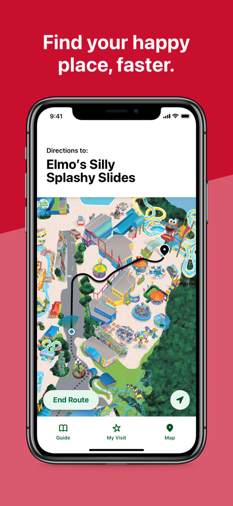 Sesame Place - Mapa interactivo de la aplicación Sesame Place que muestra direcciones a Elmo Silly Splashy Slides