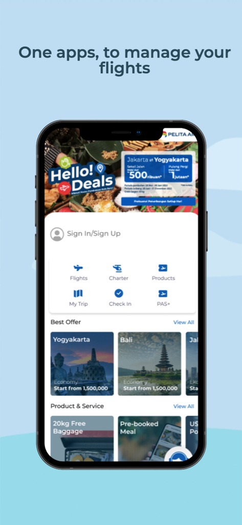 Pelita Air - Home screen of the Pelita Air mobile app showing flight booking options and travel deals to destinations like Bali and Yogyakarta