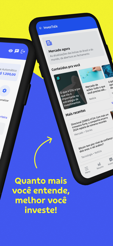 Investimentos BB Taxa Zero - Application d'investissement Banco do Brasil affichant des actualités financières et du contenu éducatif