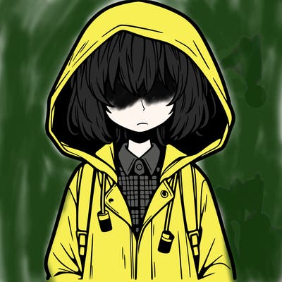 little anime girl in a raincoat her hair is covering her eyes she has a lighter