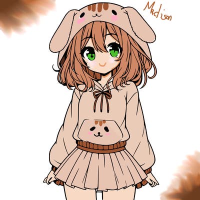 pretty anime girl wearing a fluffy hoodie with bunny ears on the hood and a skirt