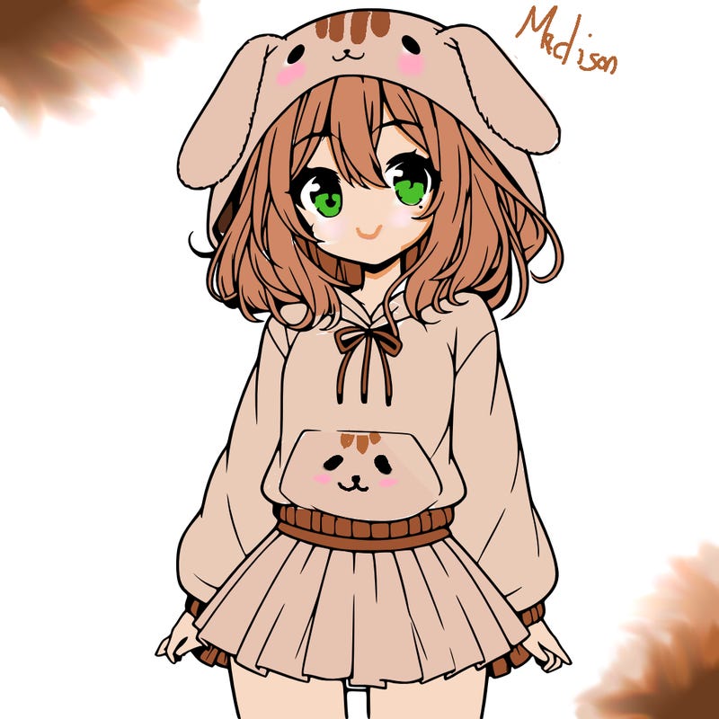 pretty anime girl wearing a fluffy hoodie with bunny ears on the hood and a skirt